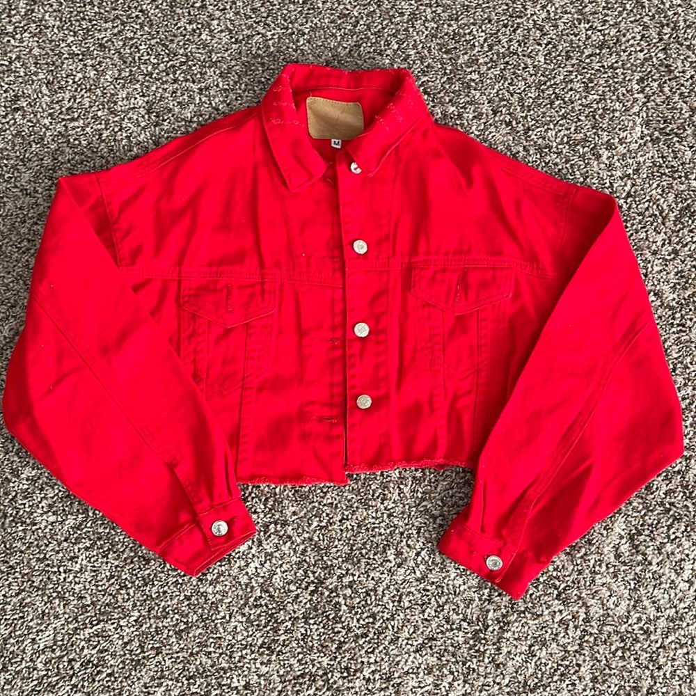 Cropped red denim jacket